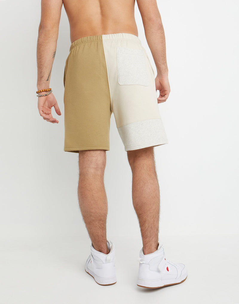 MEN'S CHAMPION 8" CLASSIC FLEECE BLOCKED SHORT (WHOLE WHEAT KHAKI/PEBBLESTONE)