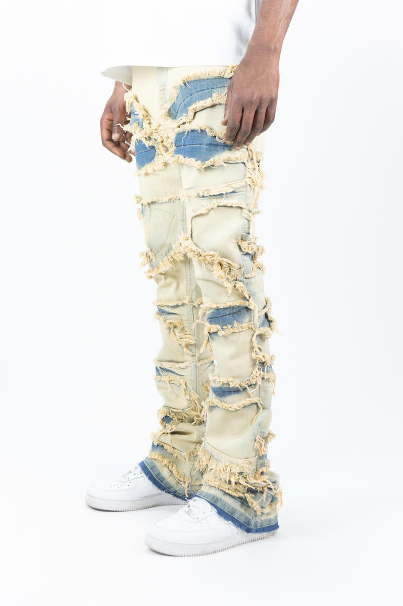 MENS R3BEL DENIM RIP & FRAY STACKED DENIM (DESERT)