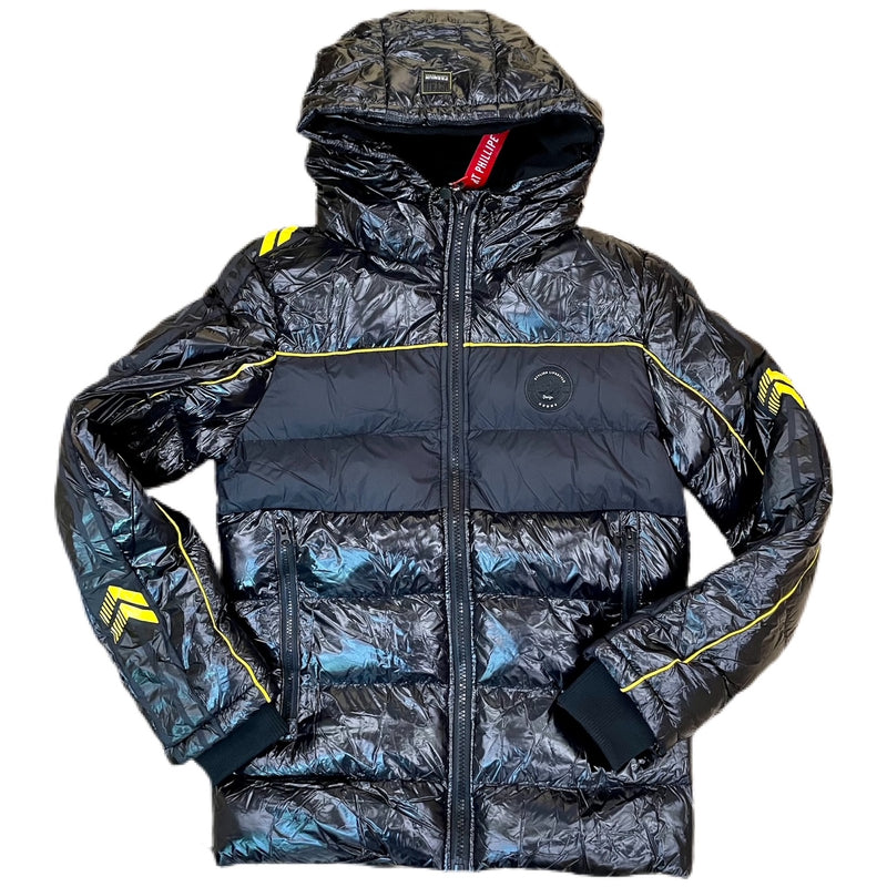 MEN'S SHINY NYLON HOODED BOMBER (BLACK)