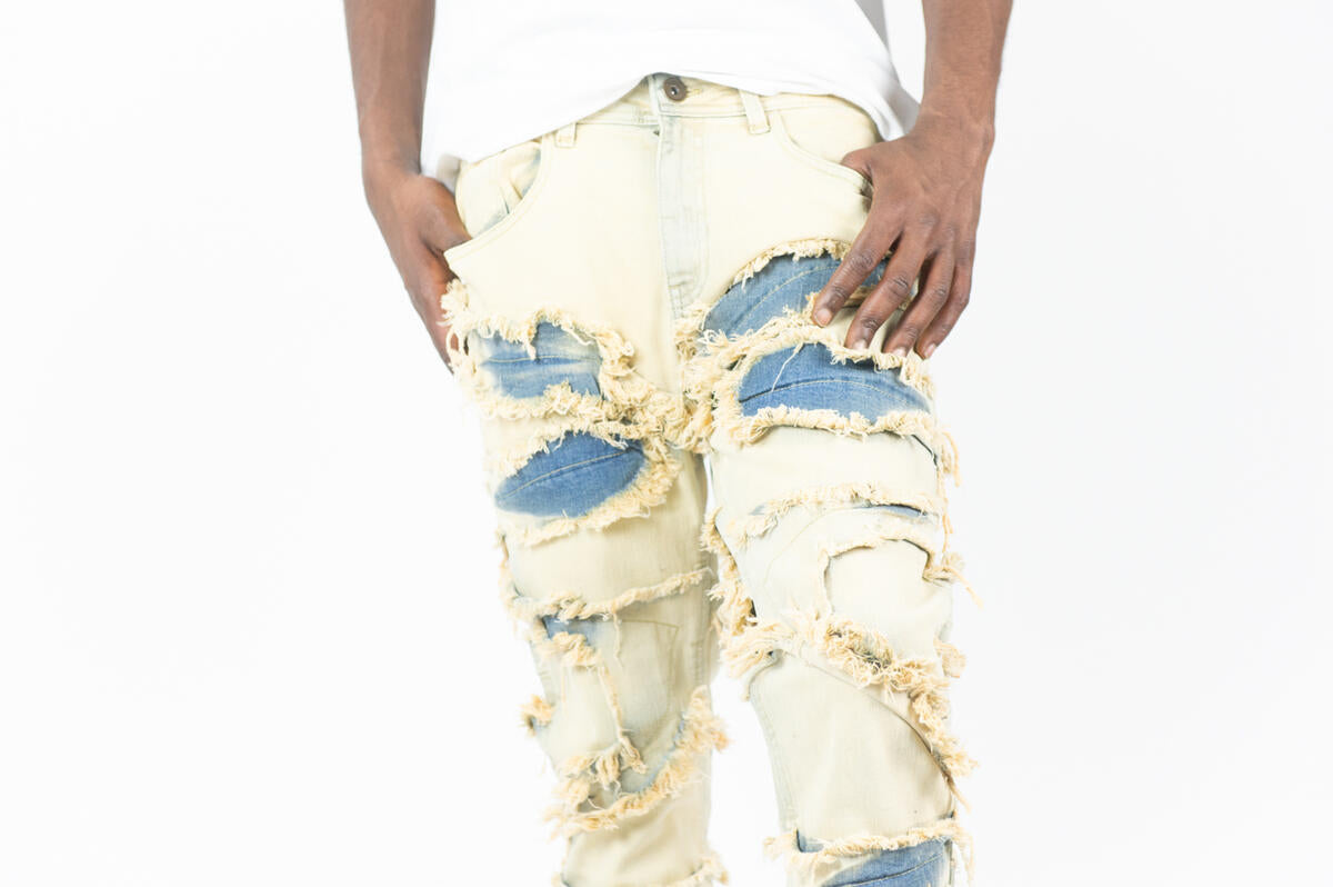 MENS R3BEL DENIM RIP & FRAY STACKED DENIM (DESERT)